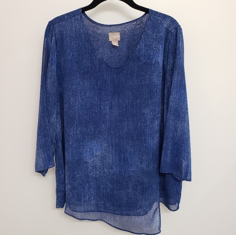 Chico's Blue Flowy 3/4 Sleeve Blouse Women's Sz 1